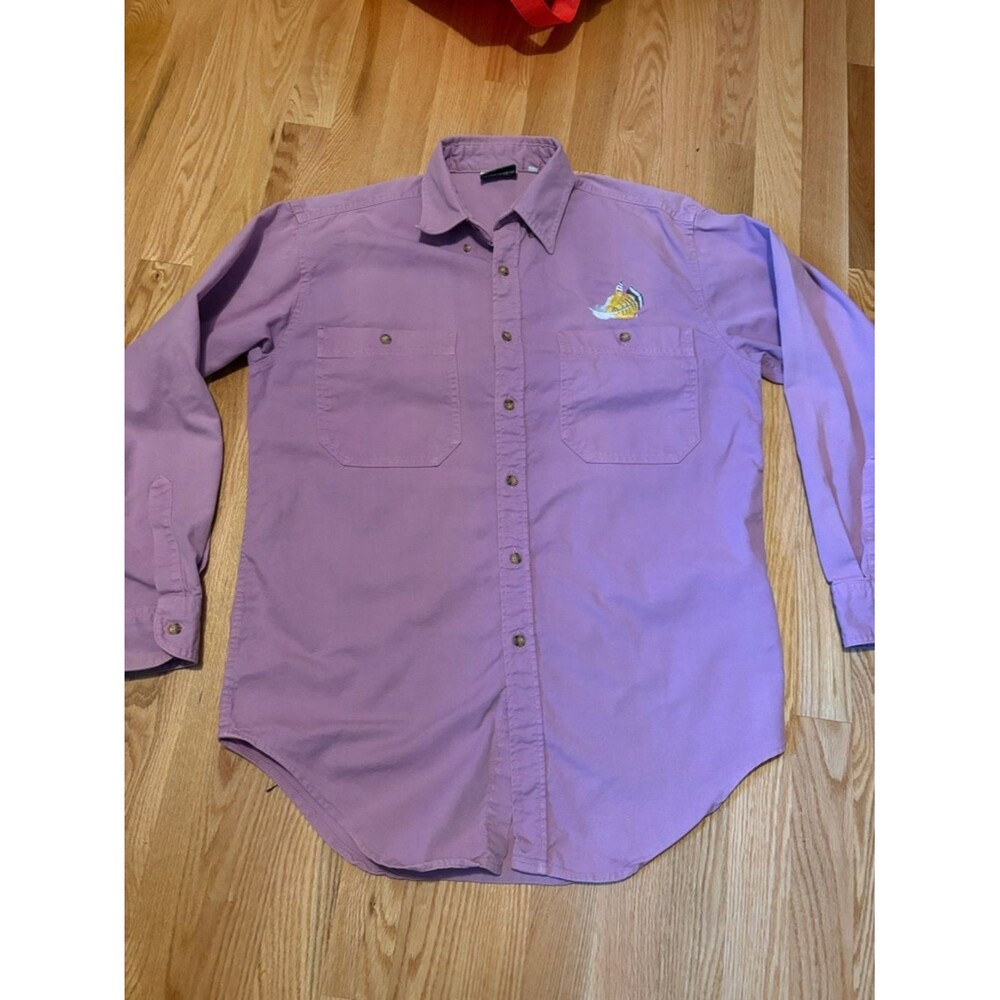 Coldwater Creek Long-Sleeve Button-Down Chore Shirt Canvas Embroidered Feathers